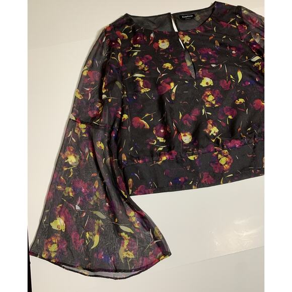 Bebe Blouse Sz 8 Womens Sheer Whimsigoth Black Floral Crop Top Bell Sleeve Fairy - Picture 4 of 8